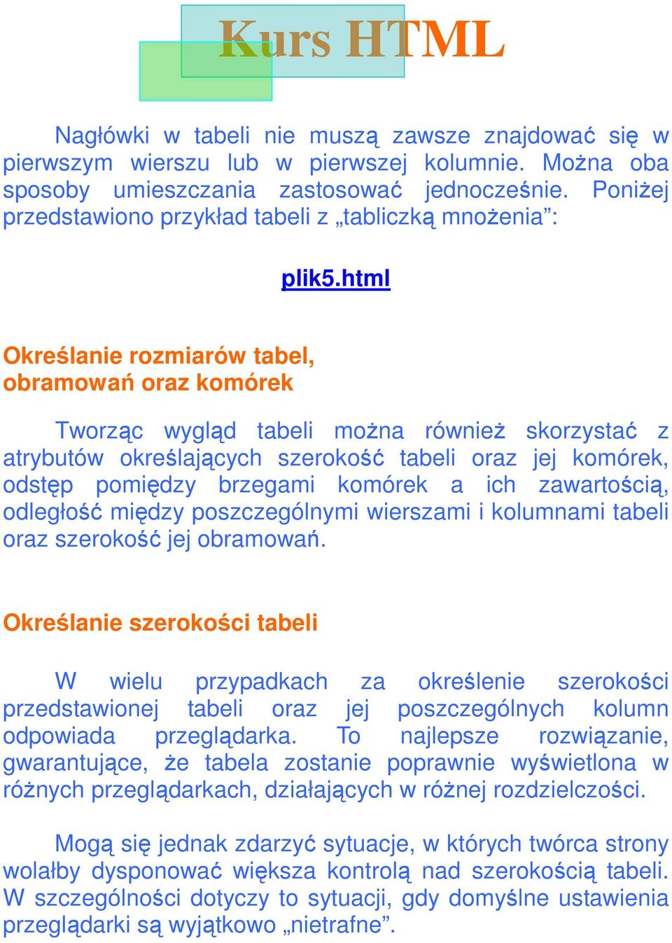 html Określanie rozmiarów tabel, obramowań oraz komórek Tworząc wygląd tabeli moŝna równieŝ skorzystać z atrybutów określających szerokość tabeli oraz jej komórek, odstęp pomiędzy brzegami komórek a