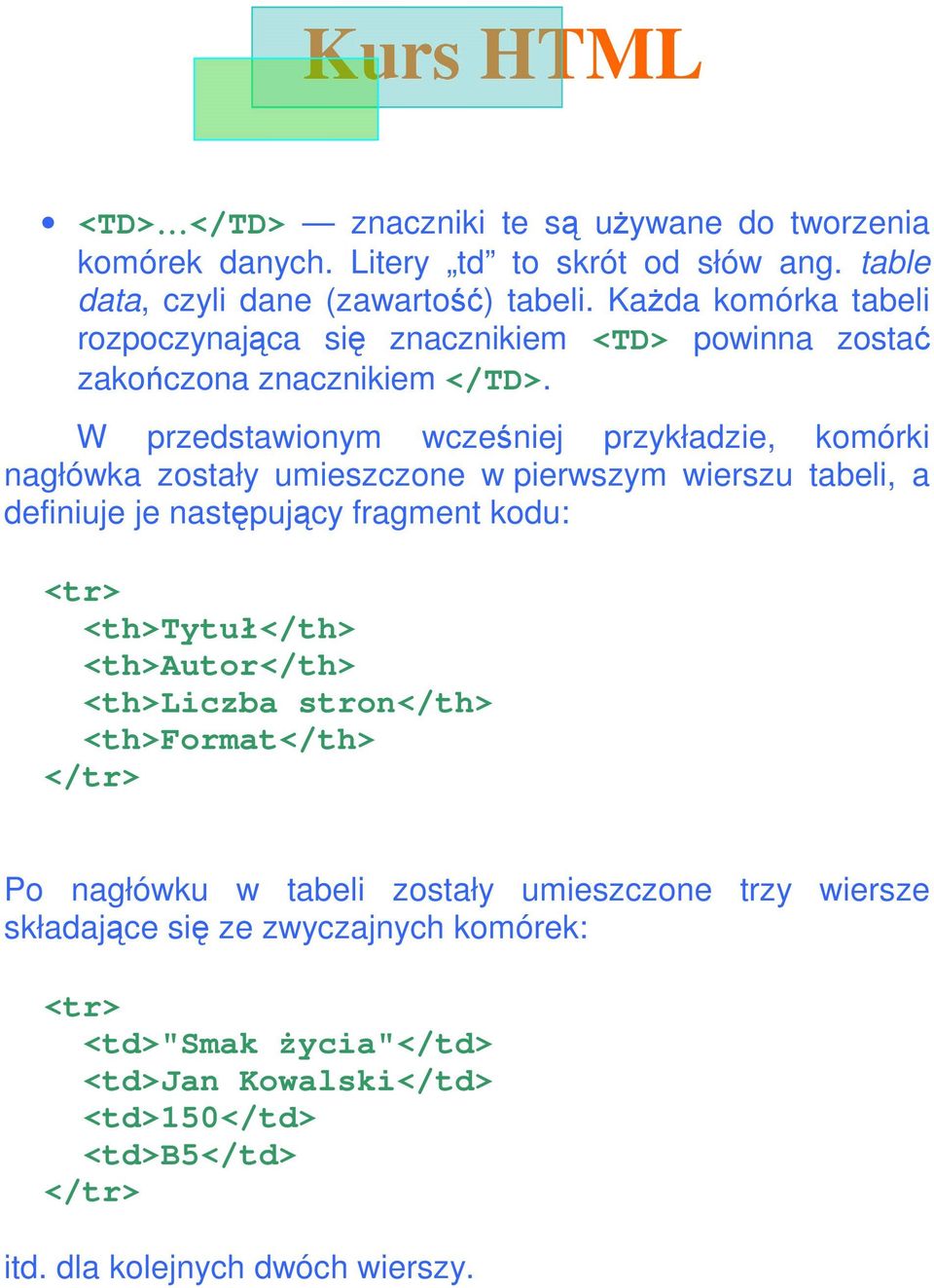 W przedstawionym wcześniej przykładzie, komórki nagłówka zostały umieszczone w pierwszym wierszu tabeli, a definiuje je następujący fragment kodu: <th>tytuł</th>