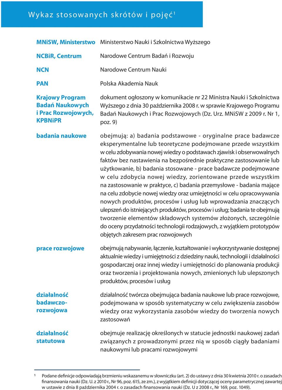 Ministra Nauki i Szkolnictwa Wyższego z dnia 30 października 2008 r. w sprawie Krajowego Programu Badań Naukowych i Prac Rozwojowych (Dz. Urz. MNisw z 2009 r. Nr 1, poz.
