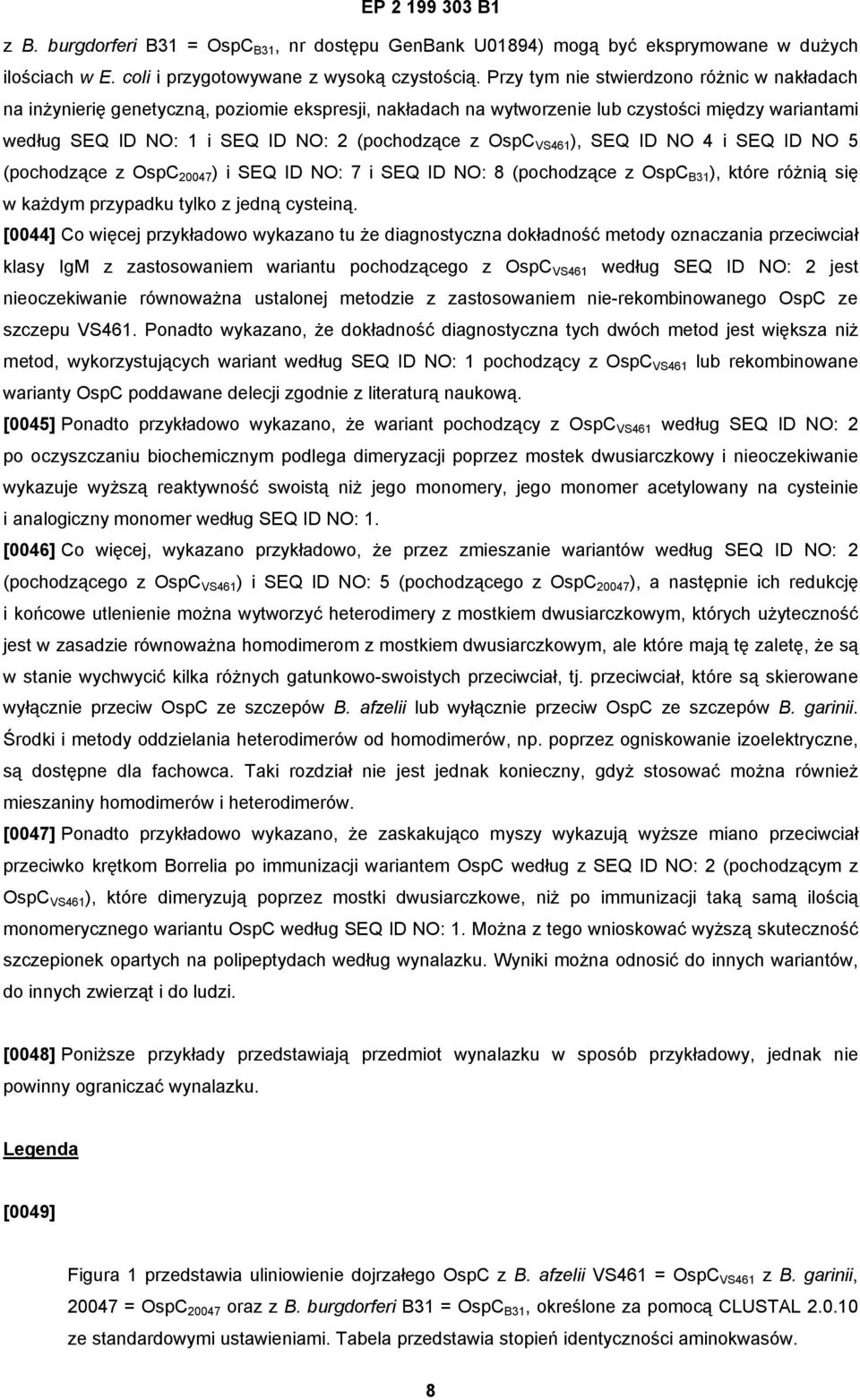 OspC VS461 ), SEQ ID NO 4 i SEQ ID NO 5 (pochodzące z OspC 20047 ) i SEQ ID NO: 7 i SEQ ID NO: 8 (pochodzące z OspC B31 ), które różnią się w każdym przypadku tylko z jedną cysteiną.