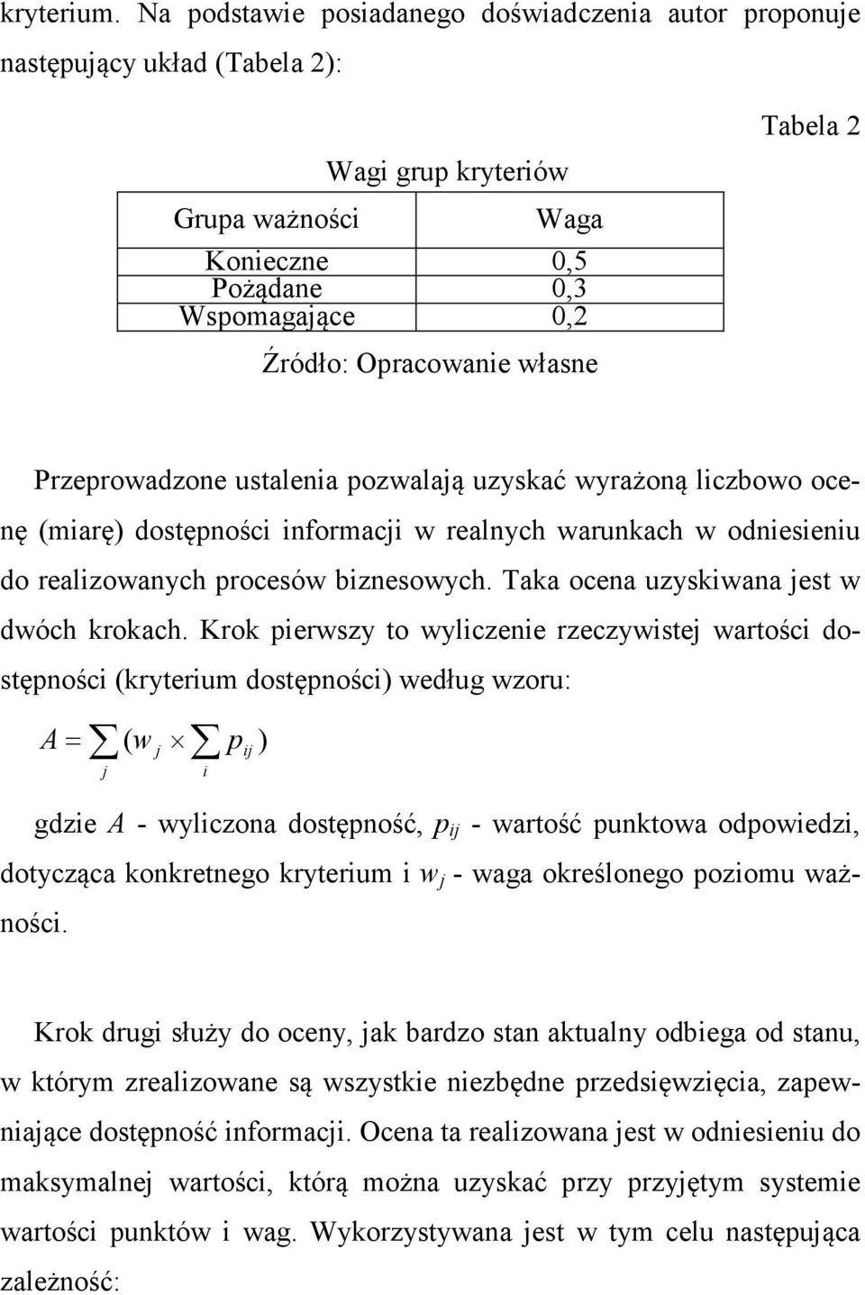 Tabela 2 Przeprowadzone ustalenia pozwalają uzyskać wyrażoną liczbowo ocenę (miarę) dostępności informacji w realnych warunkach w odniesieniu do realizowanych procesów biznesowych.