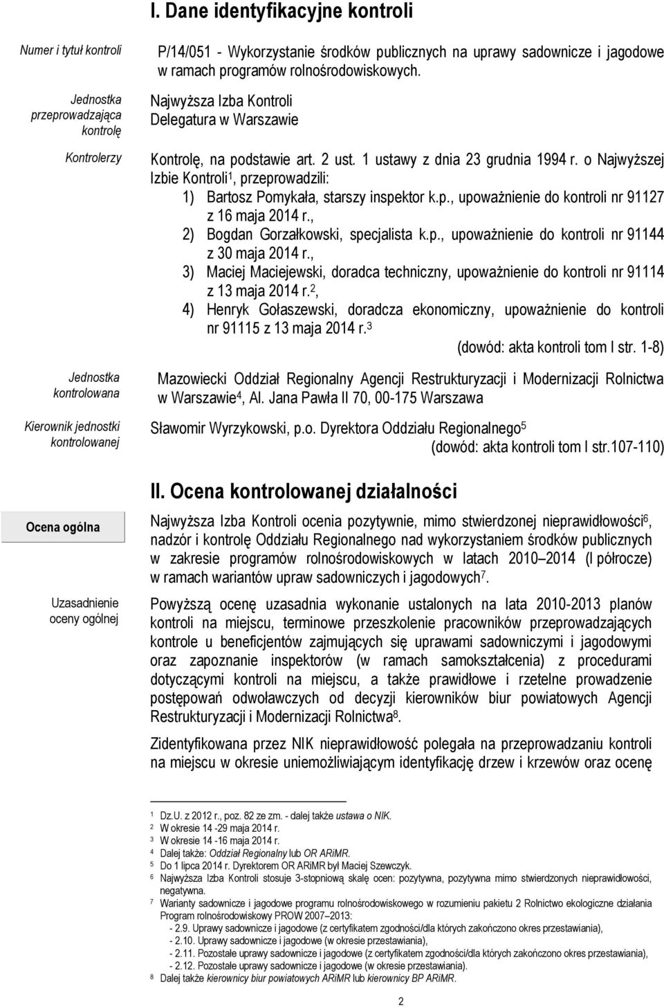 2 ust. 1 ustawy z dnia 23 grudnia 1994 r. o Najwyższej Izbie Kontroli 1, przeprowadzili: 1) Bartosz Pomykała, starszy inspektor k.p., upoważnienie do kontroli nr 91127 z 16 maja 2014 r.