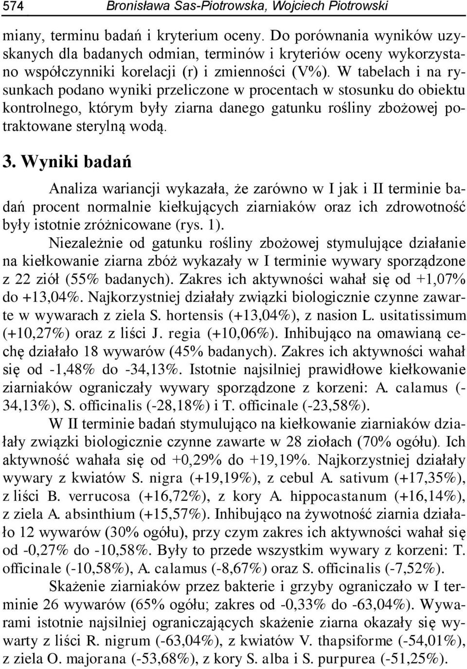 W tabelach i na rysunkach podano wyniki przeliczone w procentach w stosunku do obiektu kontrolnego, którym były ziarna danego gatunku rośliny zbożowej potraktowane sterylną wodą. 3.