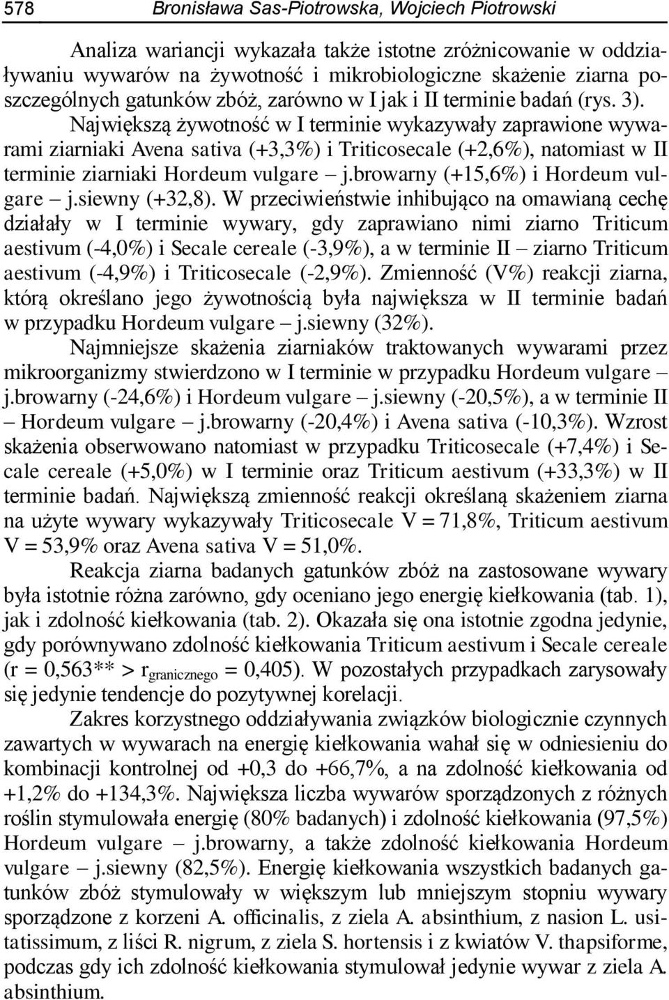 Największą żywotność w I terminie wykazywały zaprawione wywarami ziarniaki Avena sativa (+3,3%) i Triticosecale (+2,6%), natomiast w II terminie ziarniaki Hordeum vulgare j.