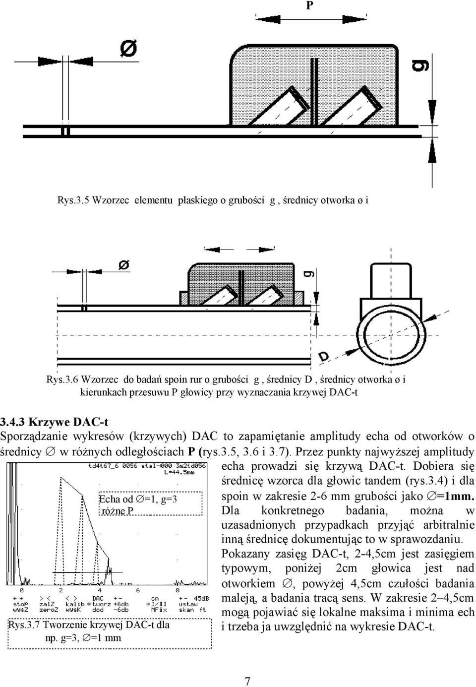 Przez punkty najwyższej amplitudy echa prowadzi się krzywą DAC-t. Dobiera się średnicę wzorca dla głowic tandem (rys.3.4) i dla Echa od =1, g=3 różne P Rys.3.7 Tworzenie krzywej DAC-t dla np.