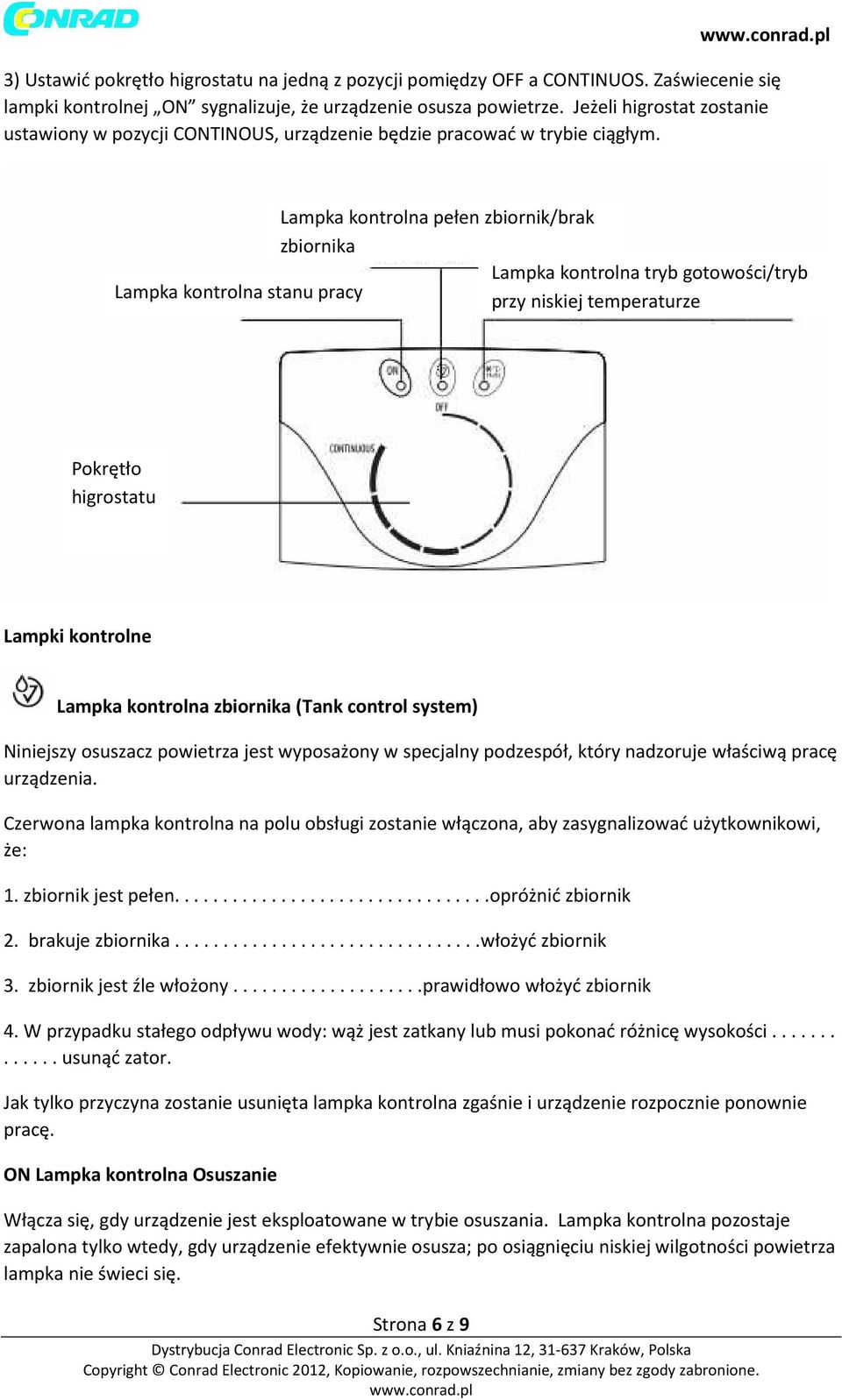 Lampka kontrolna pełen zbiornik/brak zbiornika Lampka kontrolna tryb gotowości/tryb Lampka kontrolna stanu pracy przy niskiej temperaturze Pokrętło higrostatu Lampki kontrolne Lampka kontrolna