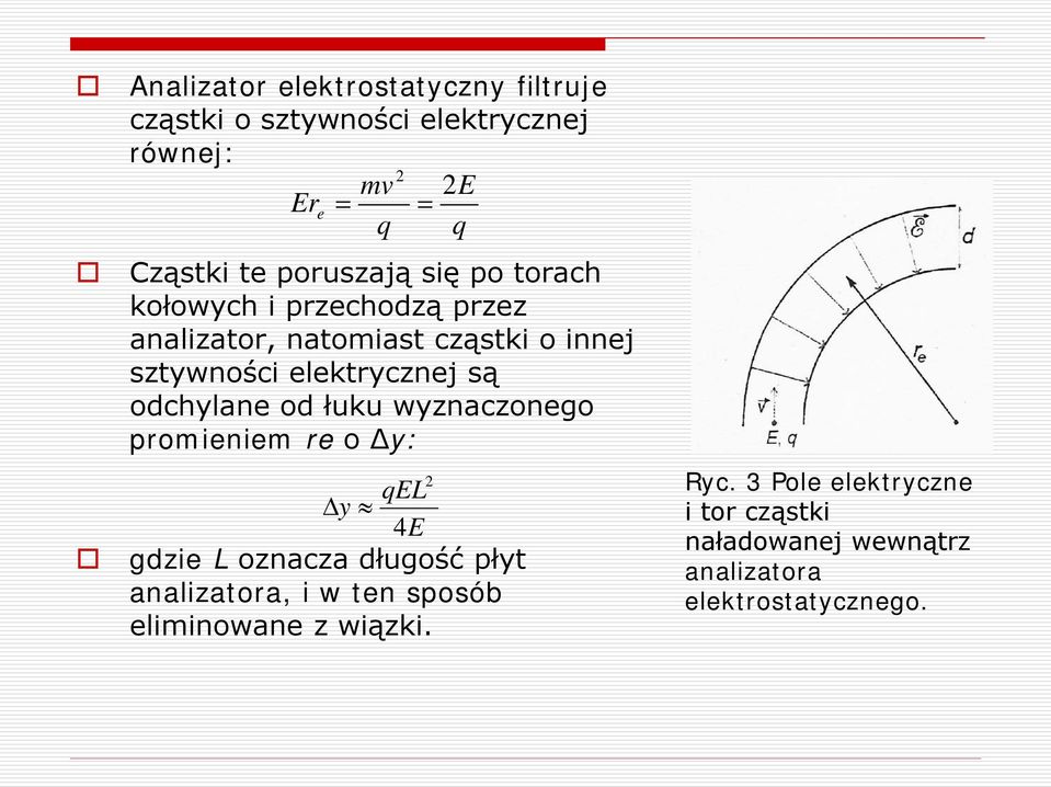 są odchylane od łuku wyznaczonego promieniem re o Δy: 2 qel y 4E gdzie L oznacza długość płyt analizatora, i w ten