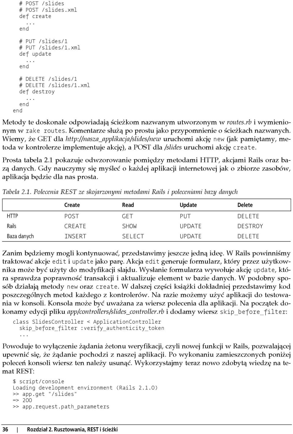 Wiemy, że GET dla http://nasza_applikacja/slides/new uruchomi akcję new (jak pamiętamy, metoda w kontrolerze implementuje akcję), a POST dla /slides uruchomi akcję create. Prosta tabela 2.