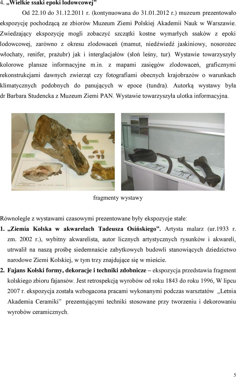 interglacjałów (słoń leśny, tur). Wystawie towarzyszyły kolorowe plansze informacyjne m.in. z mapami zasięgów zlodowaceń, graficznymi rekonstrukcjami dawnych zwierząt czy fotografiami obecnych krajobrazów o warunkach klimatycznych podobnych do panujących w epoce (tundra).