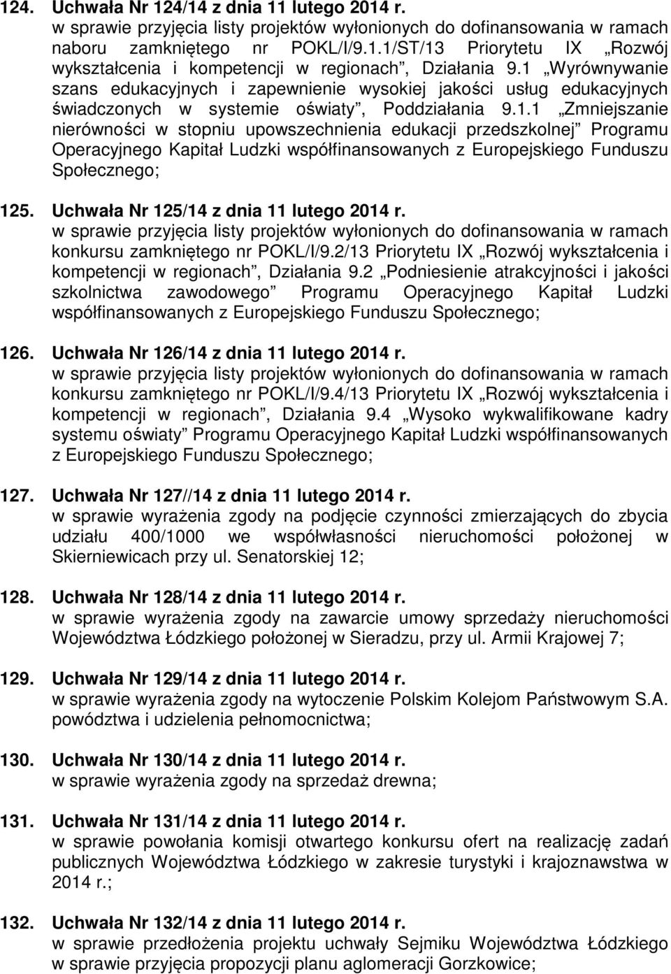 Uchwała Nr 125/14 z dnia 11 lutego 2014 r. w sprawie przyjęcia listy projektów wyłonionych do dofinansowania w ramach konkursu zamkniętego nr POKL/I/9.