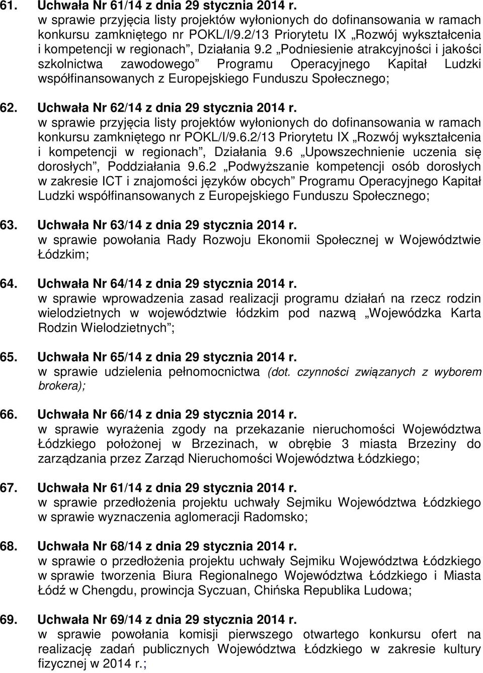 2 Podniesienie atrakcyjności i jakości szkolnictwa zawodowego Programu Operacyjnego Kapitał Ludzki współfinansowanych z Europejskiego Funduszu Społecznego; 62.