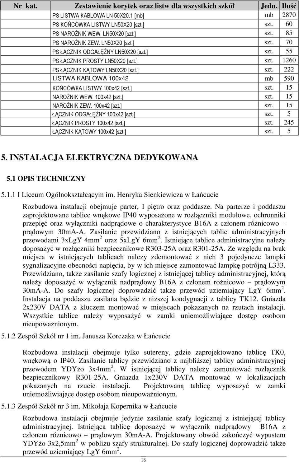 ] szt. 15 NAROśNIK WEW. 100x42 [szt.] szt. 15 NAROśNIK ZEW. 100x42 [szt.] szt. 15 ŁĄCZNIK ODGAŁĘŹNY 100x42 [szt.] szt. 5 ŁĄCZNIK PROSTY 100x42 [szt.] szt. 245 ŁĄCZNIK KĄTOWY 100x42 [szt.] szt. 5 5.