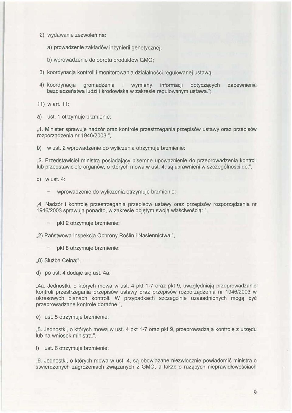 Minister sprawuje nadzór oraz kontrolę przest rzegania p rzepisów ustawy oraz przepisów rozpo rządzenia nr 1946/2003.", b) w ust. 2 wprowadzenie do wyliczenia otrzymuje brzmienie: 2.