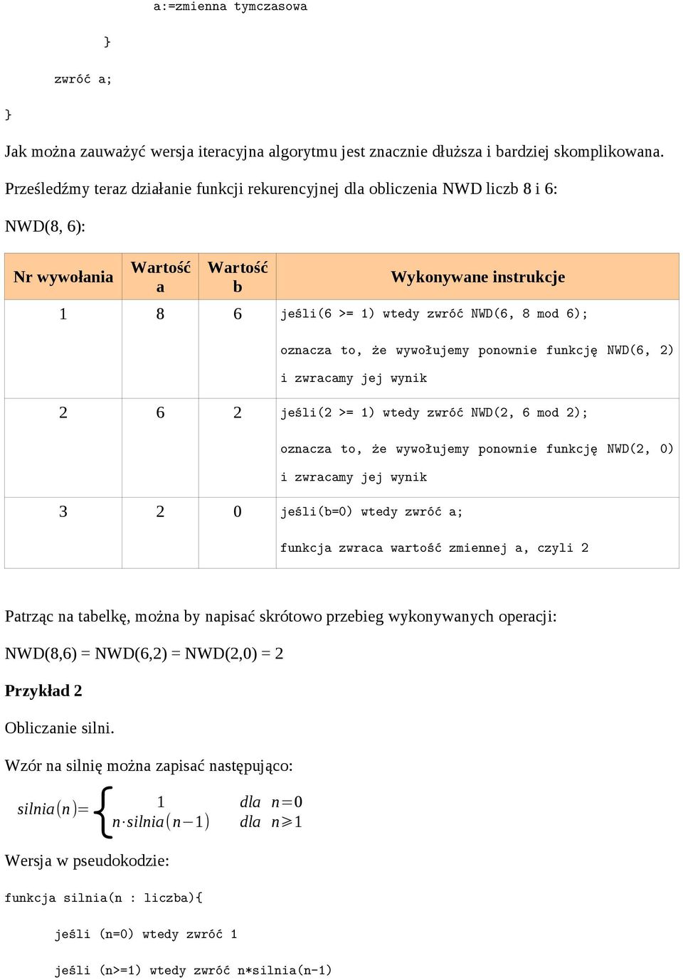 oznacza to, że wywołujemy ponownie funkcję NWD(6, 2) i zwracamy jej wynik 2 6 2 jeśli(2 >= ) wtedy zwróć NWD(2, 6 mod 2); oznacza to, że wywołujemy ponownie funkcję NWD(2, 0) i zwracamy jej wynik 3 2