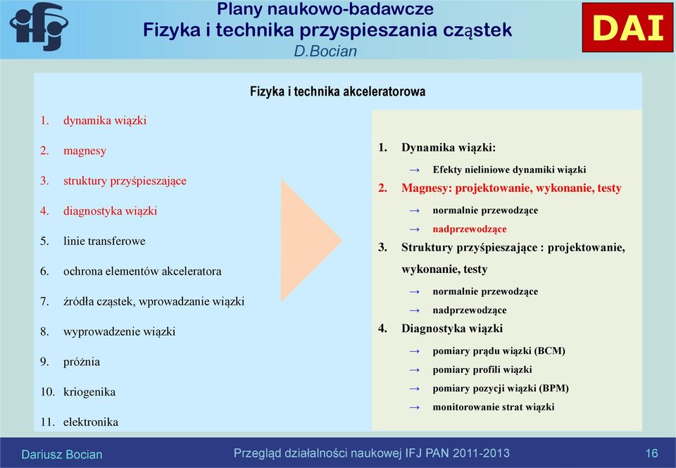 Dynamika wiązki: Efekty nieliniowe dynamiki wiązki 2. Magnesy: projektowanie, wykonanie, testy normalnie przewodzące nadprzewodzące 3.