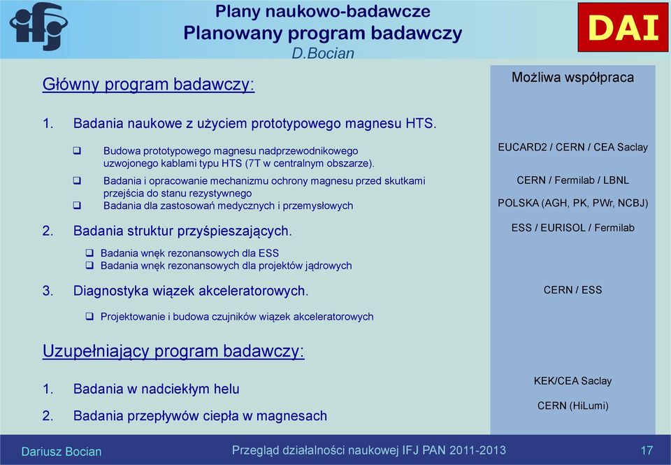 Badania i opracowanie mechanizmu ochrony magnesu przed skutkami przejścia do stanu rezystywnego Badania dla zastosowań medycznych i przemysłowych EUCARD2 / CERN / CEA Saclay CERN / Fermilab / LBNL