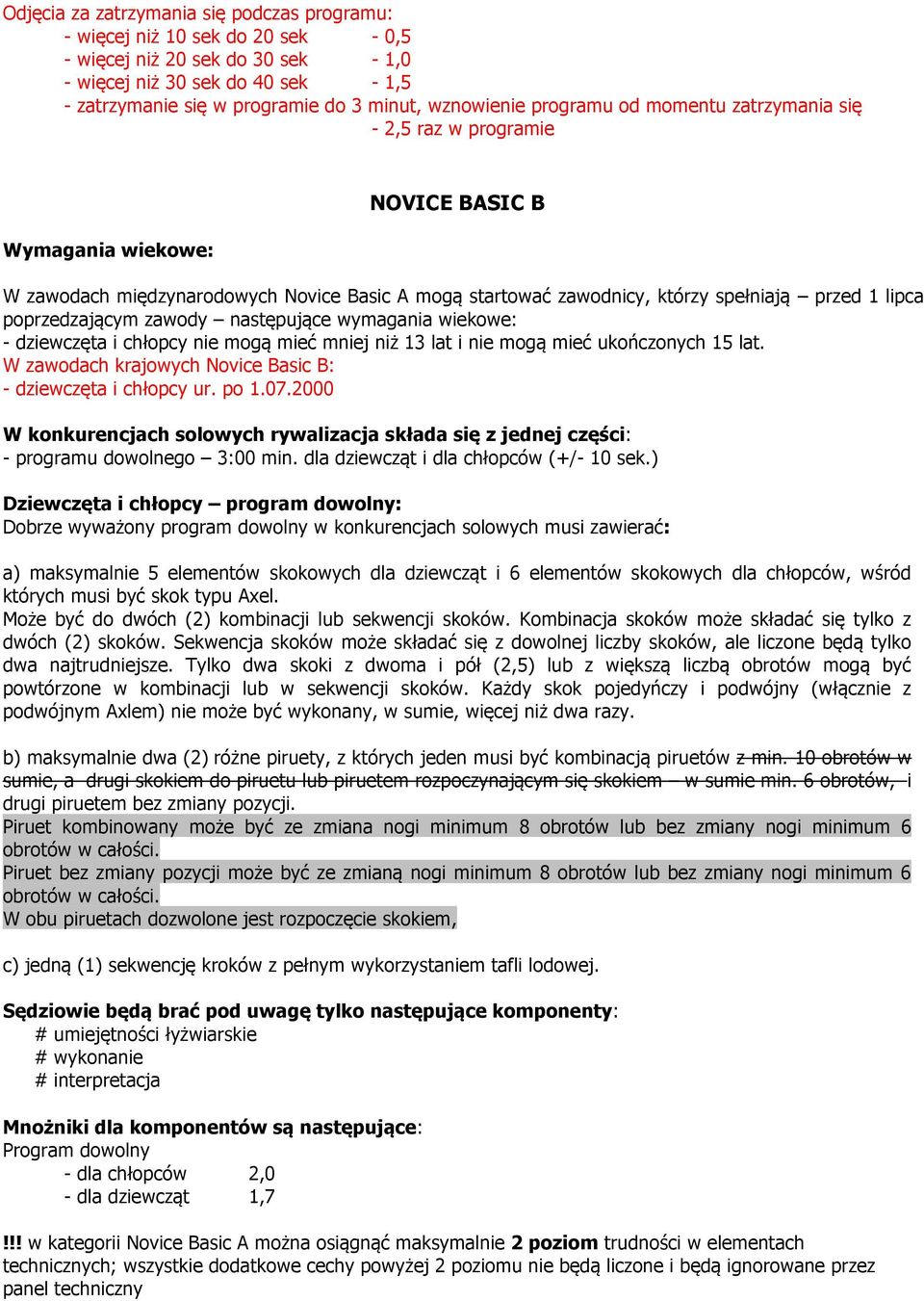 W zawodach krajowych Novice Basic B: - dziewczęta i chłopcy ur. po 1.07.2000 W konkurencjach solowych rywalizacja składa się z jednej części: - programu dowolnego 3:00 min.