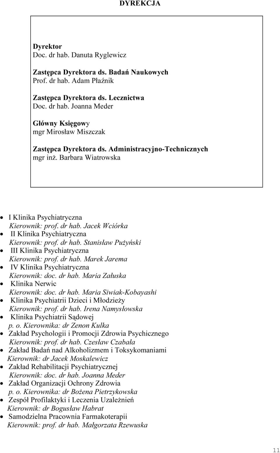 dr hab. Marek Jarema IV Klinika Psychiatryczna Kierownik: doc. dr hab. Maria Załuska Klinika Nerwic Kierownik: doc. dr hab. Maria Siwiak-Kobayashi Klinika Psychiatrii Dzieci i Młodzieży Kierownik: prof.