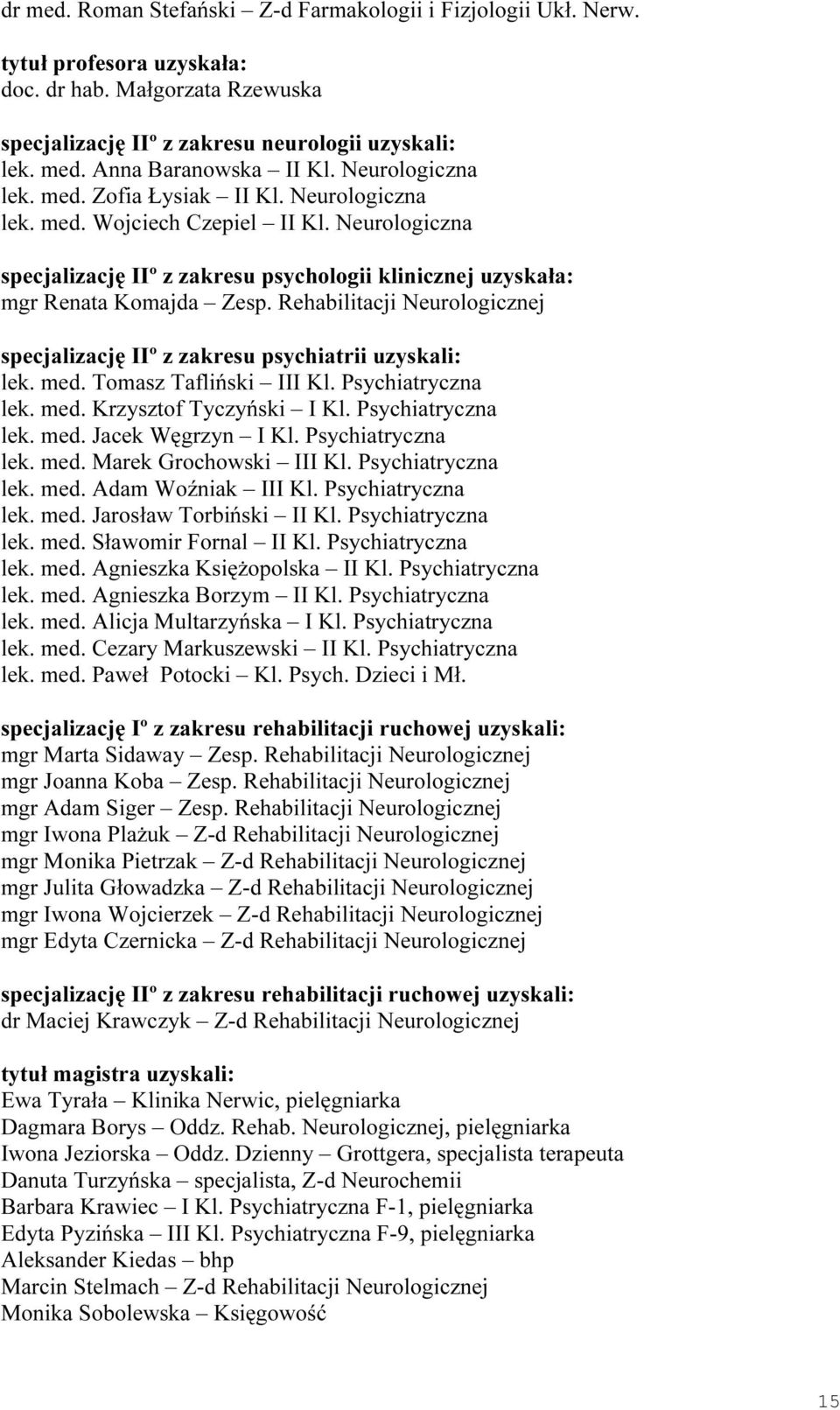 Rehabilitacji Neurologicznej specjalizację IIº z zakresu psychiatrii uzyskali: lek. med. Tomasz Tafliński III Kl. Psychiatryczna lek. med. Krzysztof Tyczyński I Kl. Psychiatryczna lek. med. Jacek Węgrzyn I Kl.