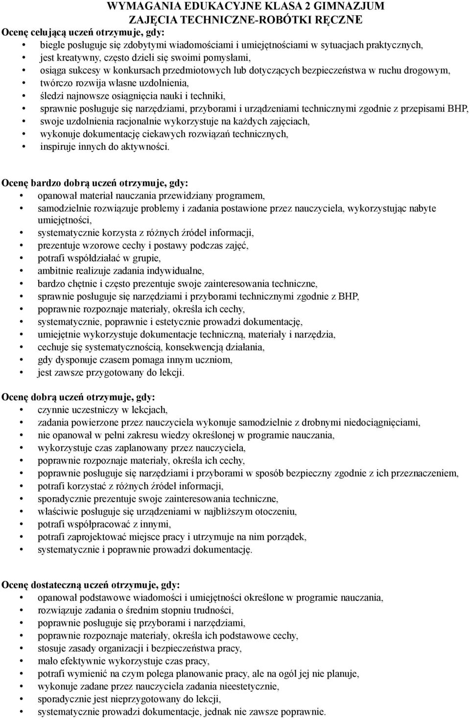 osiągnięcia nauki i techniki, sprawnie posługuje się narzędziami, przyborami i urządzeniami technicznymi zgodnie z przepisami BHP, swoje uzdolnienia racjonalnie wykorzystuje na każdych zajęciach,