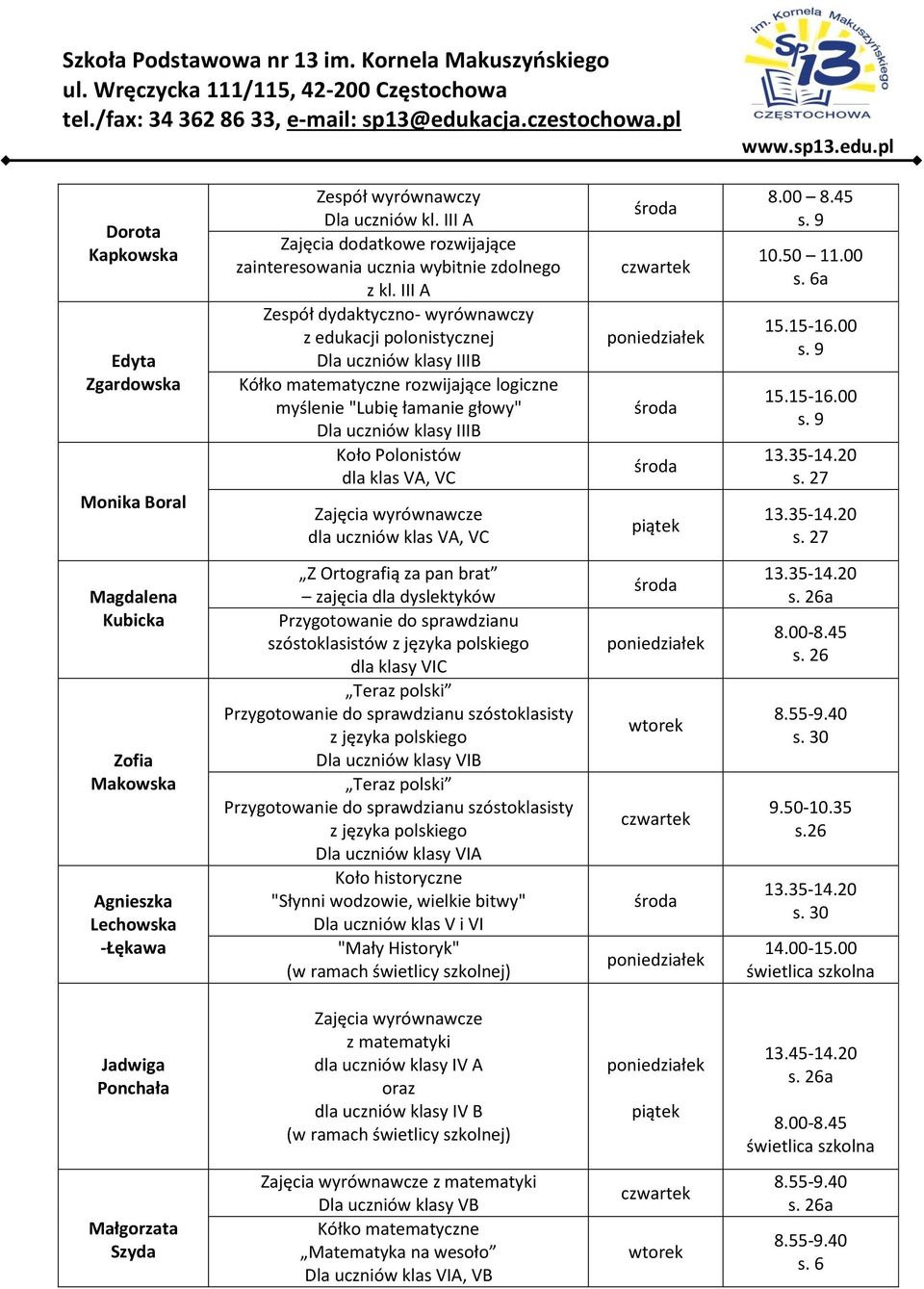 dla klas VA, VC dla uczniów klas VA, VC 8.00 8.45 10.50 11.