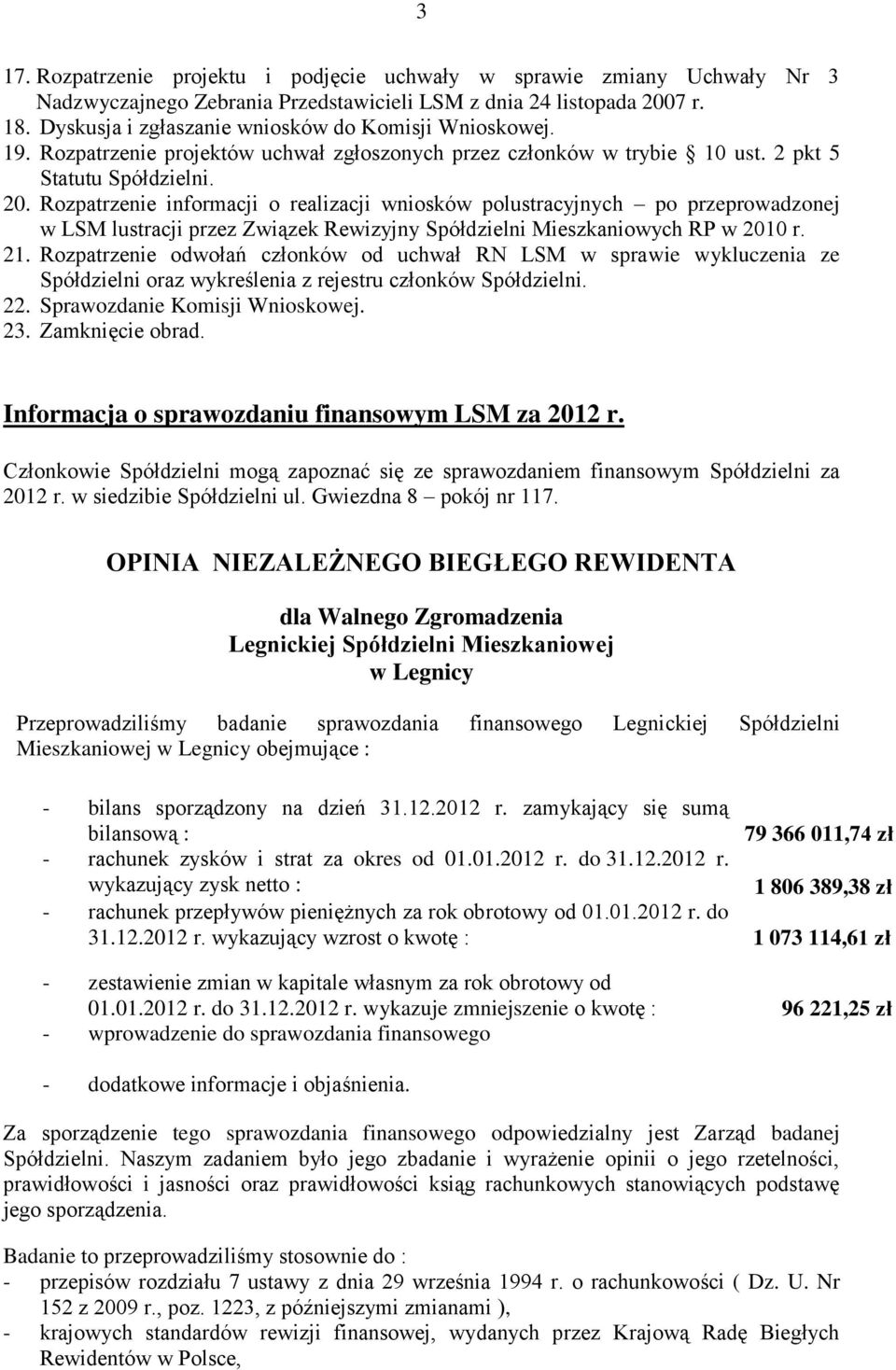 Rozpatrzenie informacji o realizacji wniosków polustracyjnych po przeprowadzonej w LSM lustracji przez Związek Rewizyjny Spółdzielni Mieszkaniowych RP w 2010 r. 21.