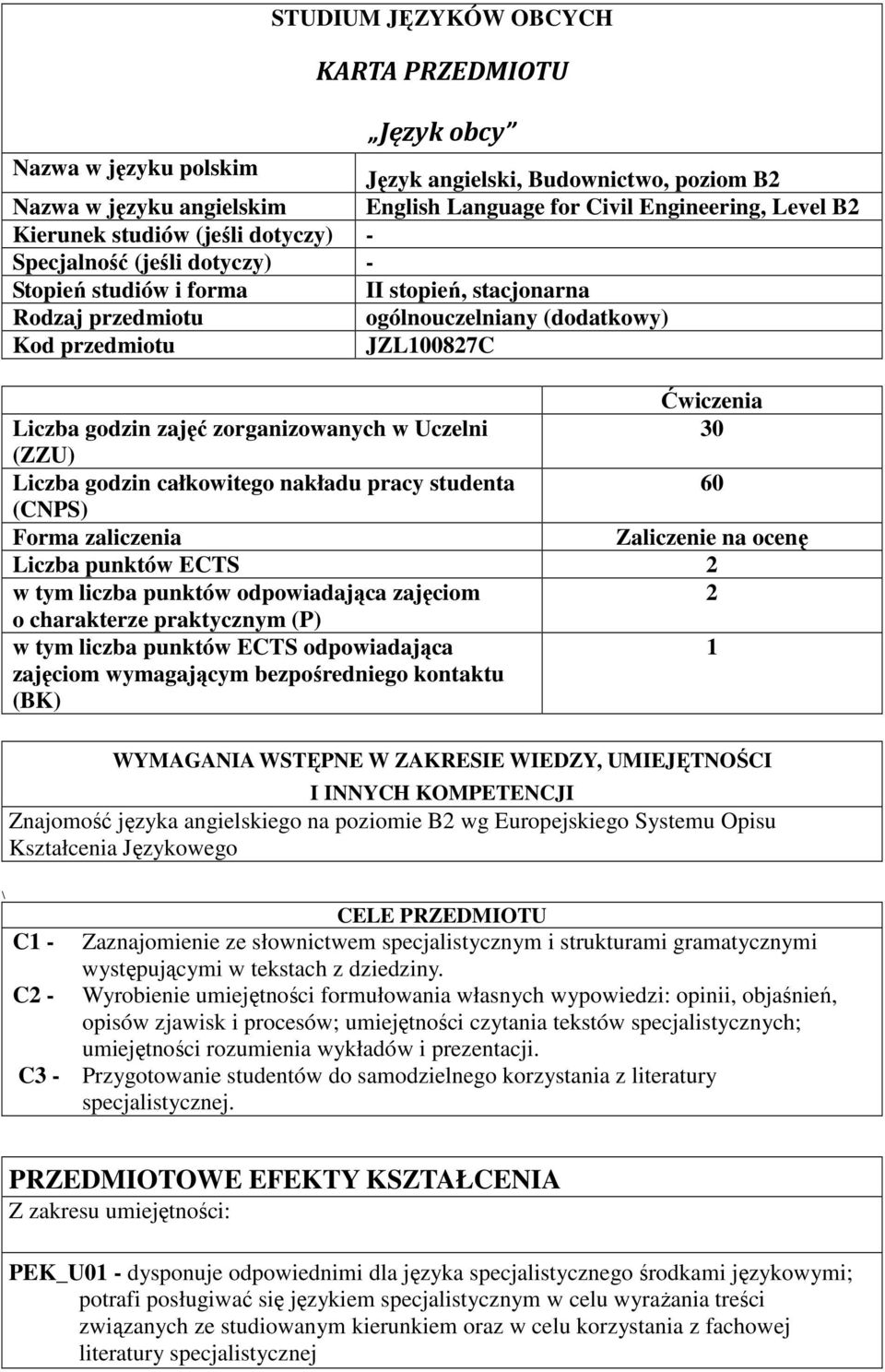 zajęć zorganizowanych w Uczelni 30 (ZZU) Liczba godzin całkowitego nakładu pracy studenta 60 (CNPS) Forma zaliczenia Zaliczenie na ocenę Liczba punktów ECTS w tym liczba punktów odpowiadająca