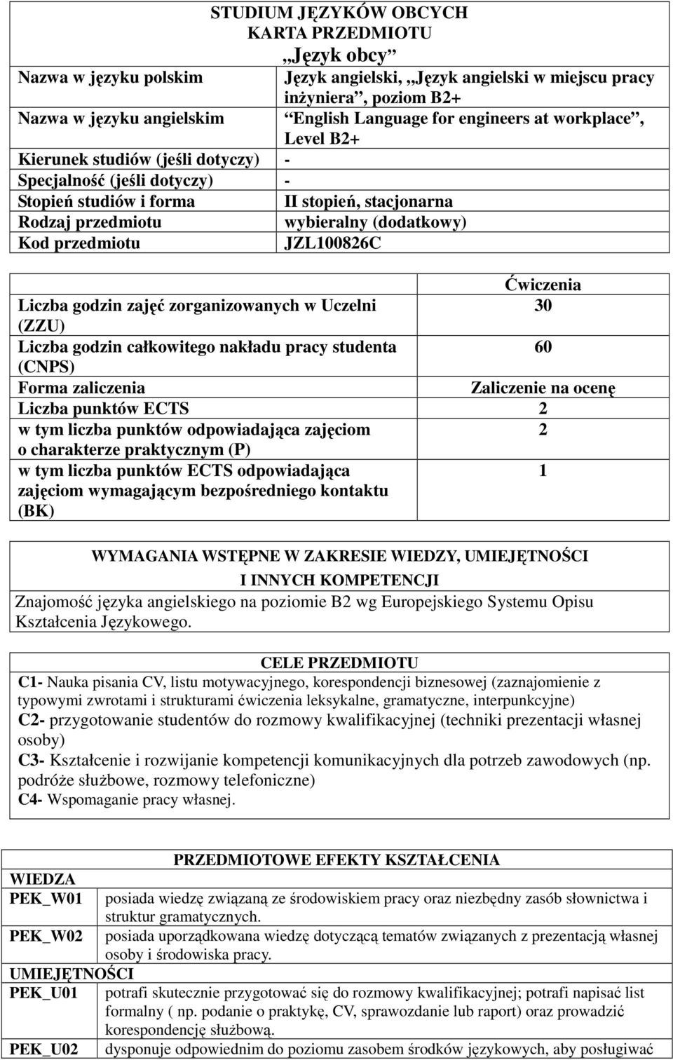 przedmiotu JZL10086C Ćwiczenia Liczba godzin zajęć zorganizowanych w Uczelni 30 (ZZU) Liczba godzin całkowitego nakładu pracy studenta 60 (CNPS) Forma zaliczenia Zaliczenie na ocenę Liczba punktów