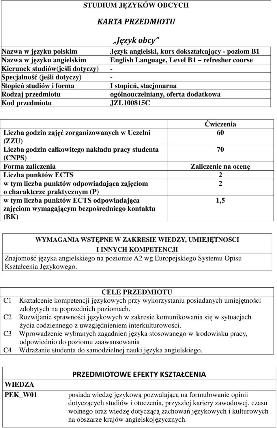 Liczba godzin zajęć zorganizowanych w Uczelni 60 (ZZU) Liczba godzin całkowitego nakładu pracy studenta 70 (CNPS) Forma zaliczenia Zaliczenie na ocenę Liczba punktów ECTS w tym liczba punktów