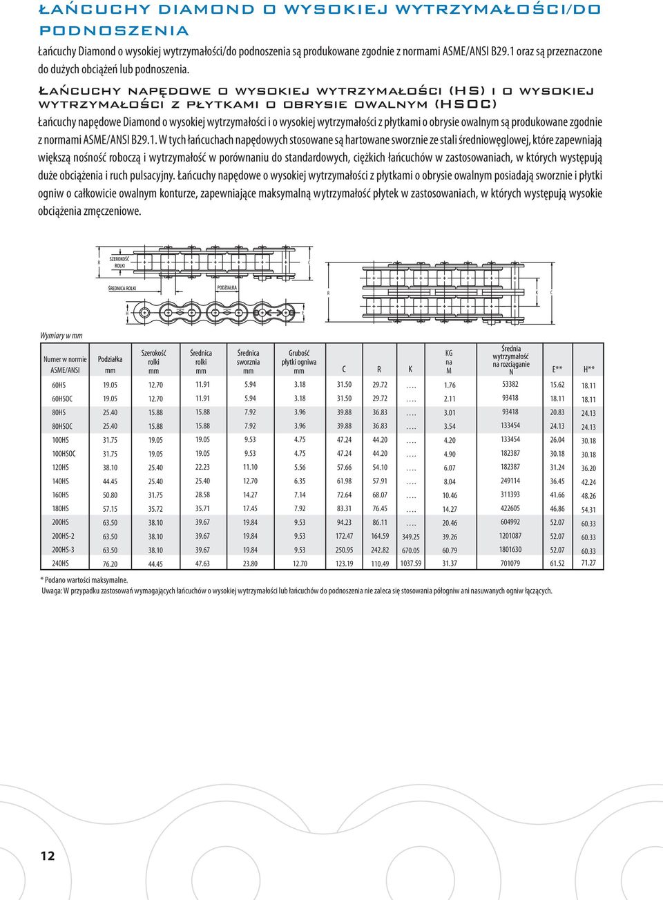 Łańcuchy napędowe o wysokiej wytrzymałości (HS) i o wysokiej wytrzymałości z płytkami o obrysie owalnym (HSOC) Łańcuchy napędowe Diamond o wysokiej wytrzymałości i o wysokiej wytrzymałości z płytkami
