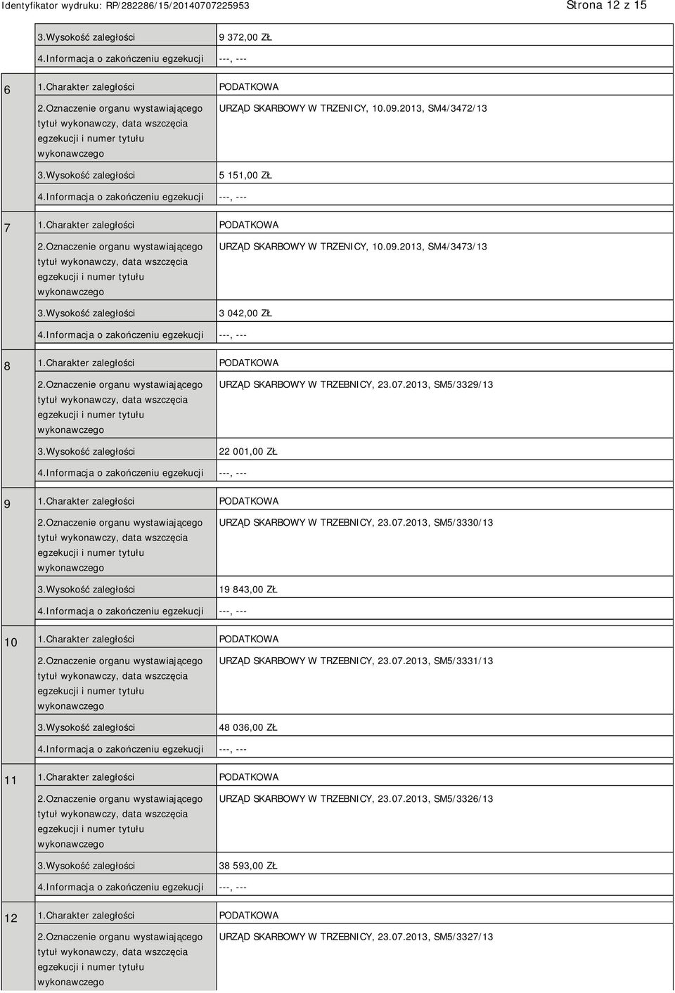 2013, SM5/3329/13 22 001,00 ZŁ 9 1.Charakter zaległości PODATKOWA URZĄD SKARBOWY W TRZEBNICY, 23.07.2013, SM5/3330/13 19 843,00 ZŁ 10 1.
