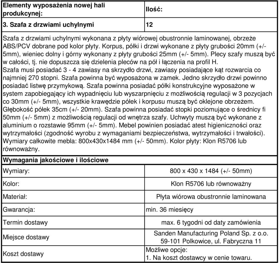 nie dopuszcza się dzielenia pleców na pół i łączenia na profil H. Szafa musi posiadać 3-4 zawiasy na skrzydło drzwi, zawiasy posiadające kąt rozwarcia co najmniej 270 stopni.