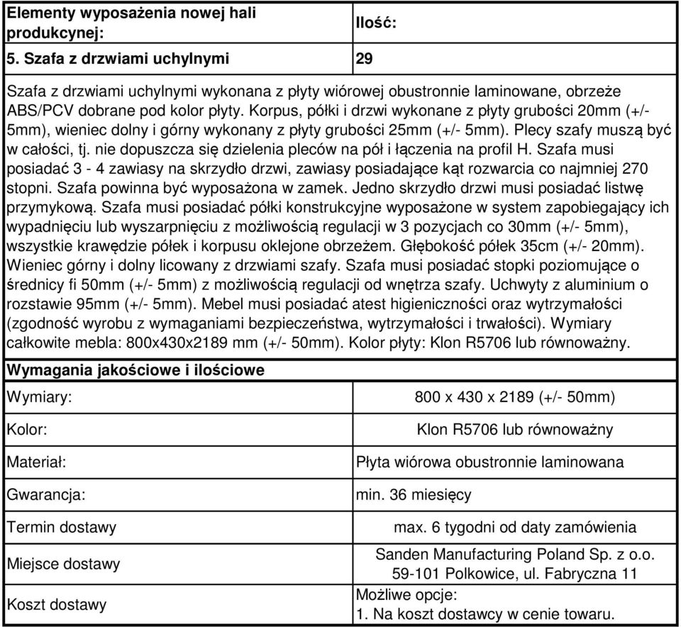 nie dopuszcza się dzielenia pleców na pół i łączenia na profil H. Szafa musi posiadać 3-4 zawiasy na skrzydło drzwi, zawiasy posiadające kąt rozwarcia co najmniej 270 stopni.