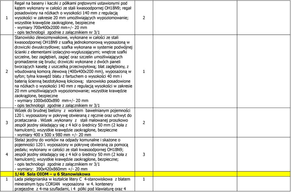 całości ze stali kwasoodpornej OH8N9 z szafką jednokomorową wyposażoną w drzwiczki dwuskrzydłowe; szafka wykonana w systemie podwójnej ścianki z elementami izolacyjno-wygłuszającymi; wnętrze szafki