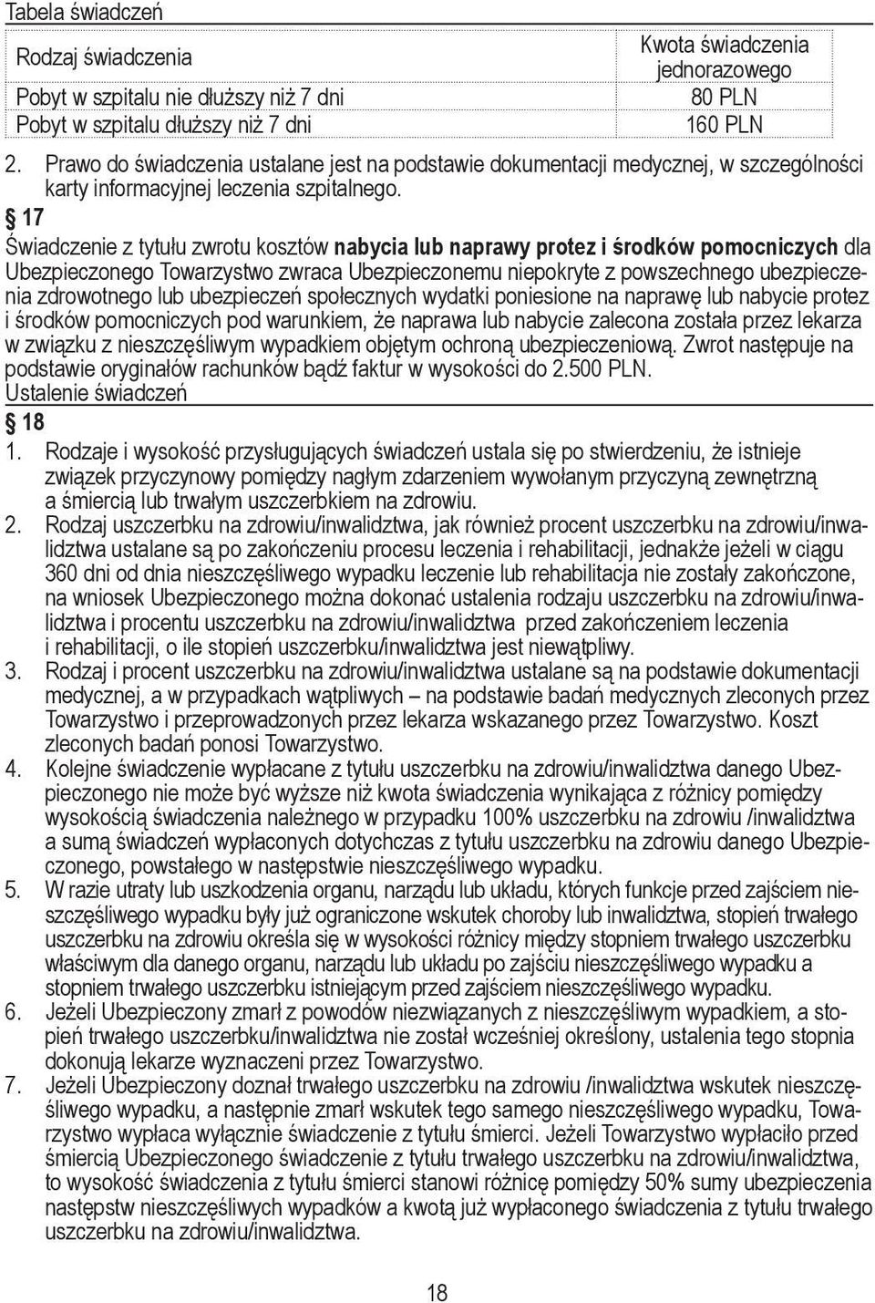 17 Świadczenie z tytułu zwrotu kosztów nabycia lub naprawy protez i środków pomocniczych dla Ubezpieczonego Towarzystwo zwraca Ubezpieczonemu niepokryte z powszechnego ubezpieczenia zdrowotnego lub