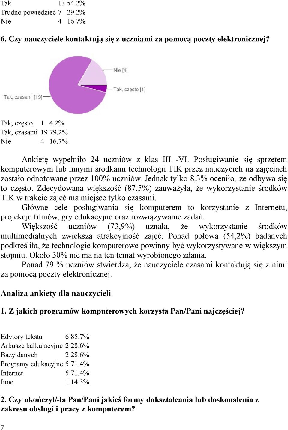 Zdecydowana większość (87,5%) zauważyła, że wykorzystanie środków TIK w trakcie zajęć ma miejsce tylko czasami.