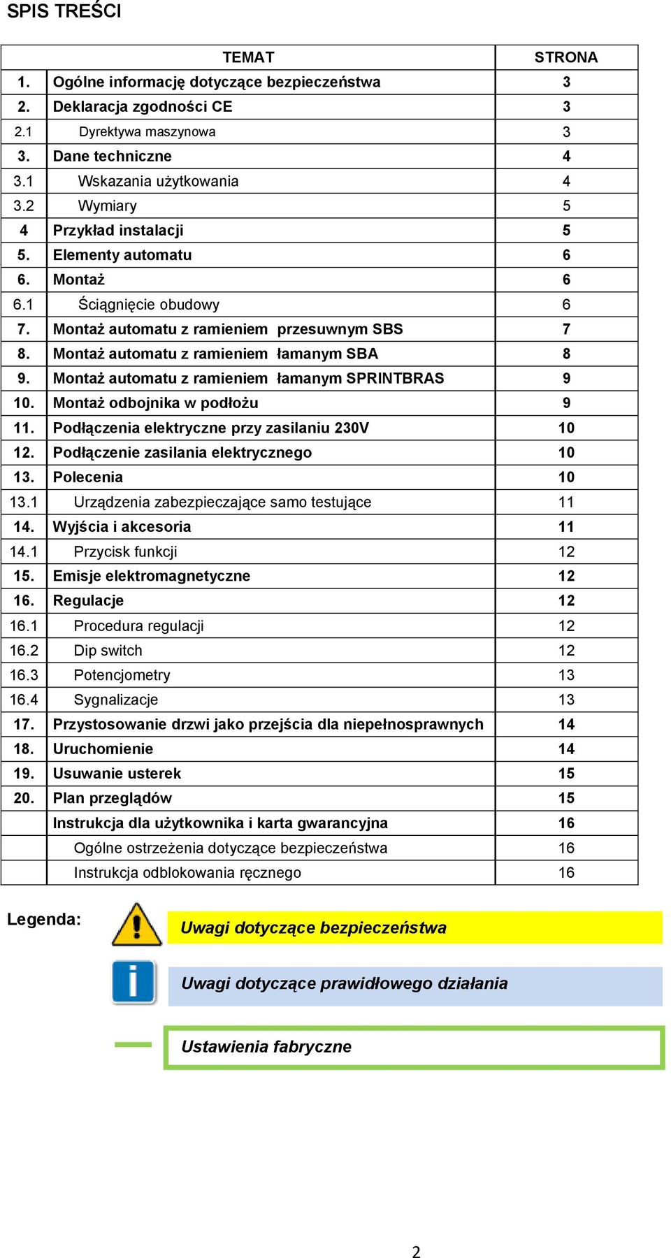 Montaż automatu z ramieniem łamanym SPRINTBRAS 9 10. Montaż odbojnika w podłożu 9 11. Podłączenia elektryczne przy zasilaniu 230V 10 12. Podłączenie zasilania elektrycznego 10 13. Polecenia 10 13.