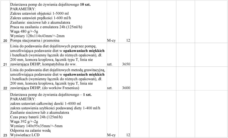 128x114x43mm/+-2mm 20 Pompa stacjonarna i przenośna M-cy 12 Linia do podawania diet dojelitowych poprzez pompę, umożliwiająca podawanie diet w opakowaniach miękkich i butelkach (wymienny łącznik do