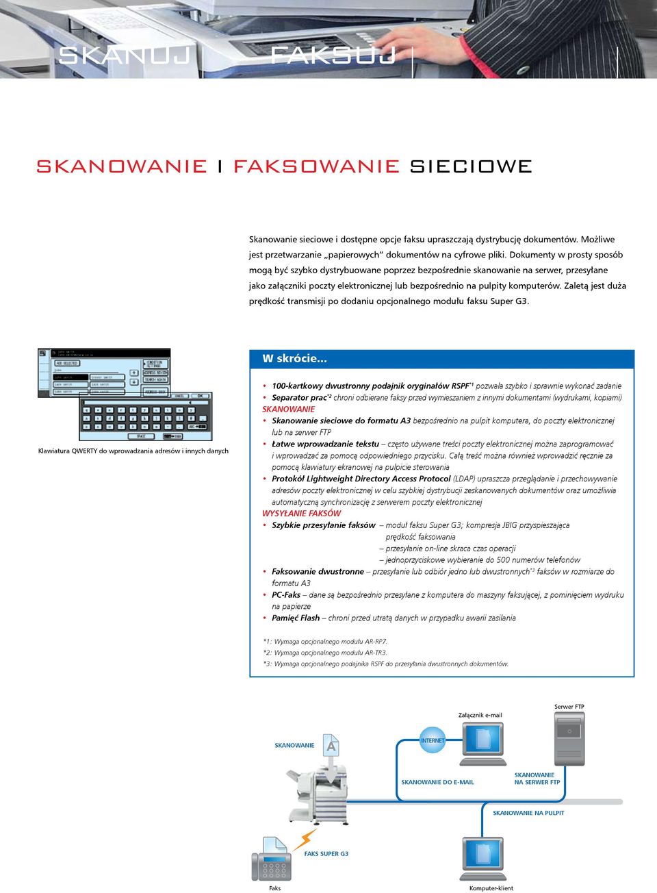 Zaletą jest duża prędkość transmisji po dodaniu opcjonalnego modułu faksu Super G3. W skrócie.