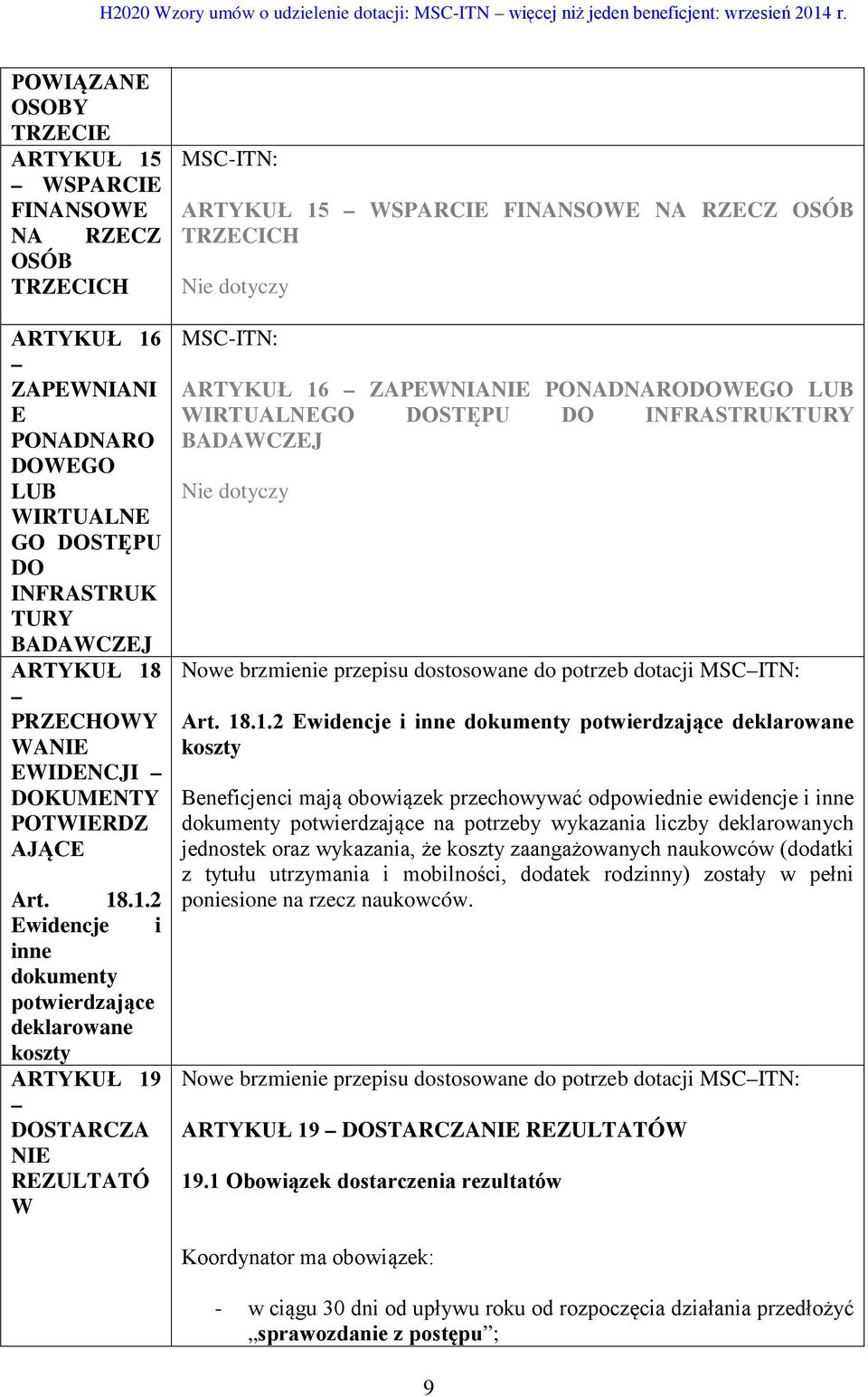 .1.2 Ewidencje i inne dokumenty potwierdzające deklarowane koszty ARTYKUŁ 19 DOSTARCZA NIE REZULTATÓ W MSC-ITN: ARTYKUŁ 15 WSPARCIE FINANSOWE NA RZECZ OSÓB TRZECICH Nie dotyczy MSC-ITN: ARTYKUŁ 16