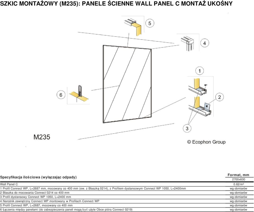 z Blaszką 0214), z Profilem dystansowym Connect WP 1050, L=2400mm wg obmiarów 2 Blaszka do mocowania Connect 0214 co 400 mm wg obmiarów 3 Profil dystansowy