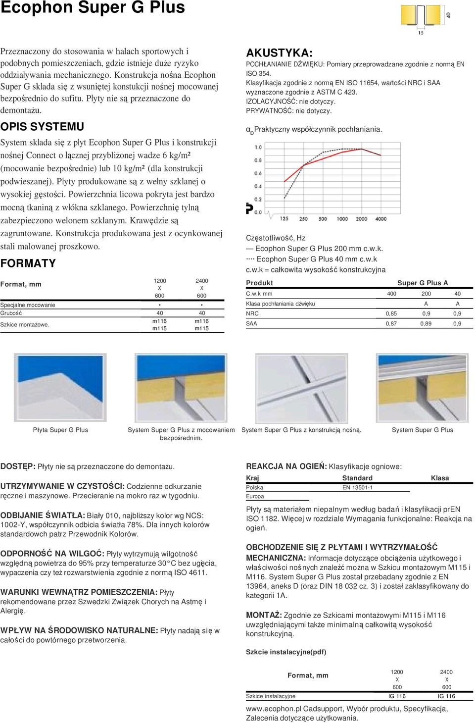 OPIS SYSTEMU System składa się z płyt Ecophon Super G Plus i konstrukcji nośnej Connect o łącznej przybliżonej wadze 6 kg/m² (mocowanie bezpośrednie) lub 10 kg/m² (dla konstrukcji podwieszanej).