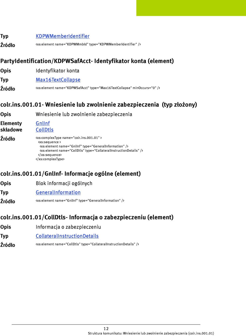 01- Wniesienie lub zwolnienie zabezpieczenia (typ złożony) Wniesienie lub zwolnienie zabezpieczenia GnlInf CollDtls <xs:complexe name="colr.ins.001.