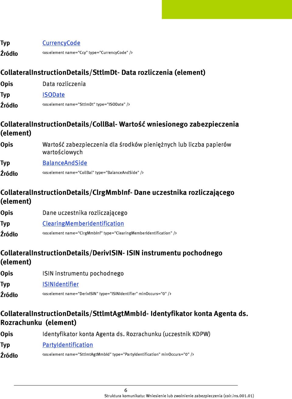 name="collbal" type="balanceandside" /> CollateralInstructionDetails/ClrgMmbInf- Dane uczestnika rozliczającego (element) Dane uczestnika rozliczającego ClearingMemberIdentification <xs:element