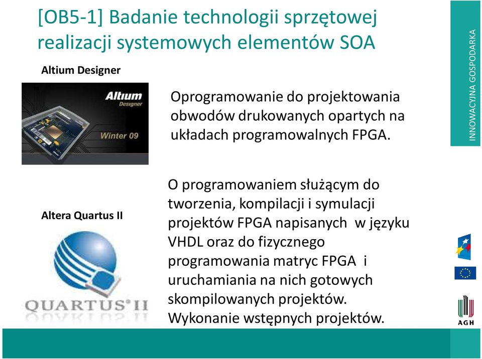 INNOWACYJNA GOSPODARKA Altera Quartus II O programowaniem służącym do tworzenia, kompilacji i symulacji projektów