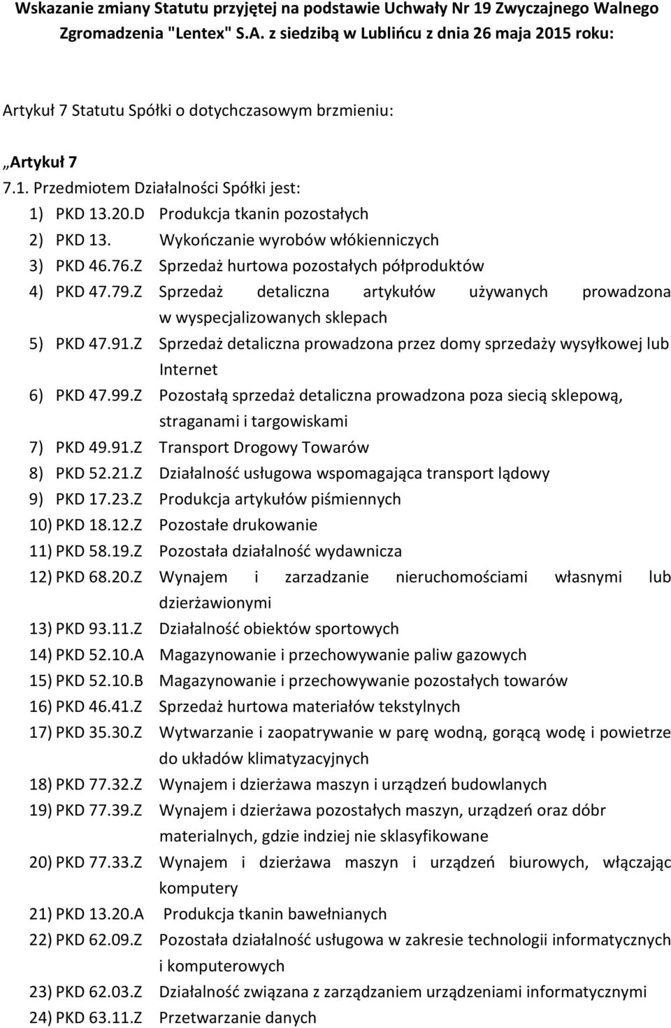 Wykończanie wyrobów włókienniczych 3) PKD 46.76.Z Sprzedaż hurtowa pozostałych półproduktów 4) PKD 47.79.Z Sprzedaż detaliczna artykułów używanych prowadzona w wyspecjalizowanych sklepach 5) PKD 47.