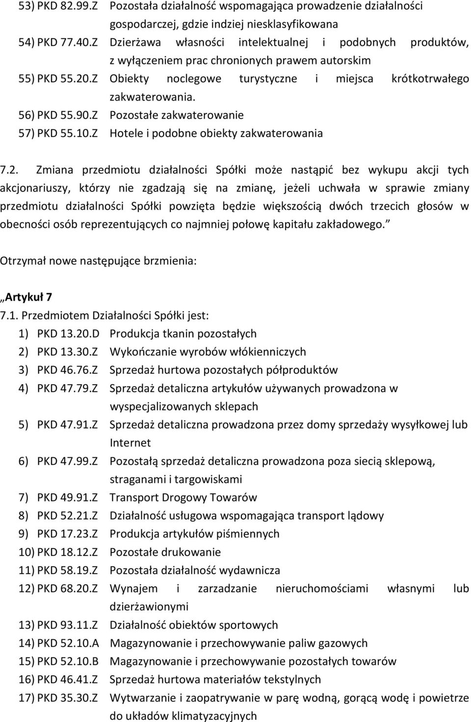 56) PKD 55.90.Z Pozostałe zakwaterowanie 57) PKD 55.10.Z Hotele i podobne obiekty zakwaterowania 7.2.