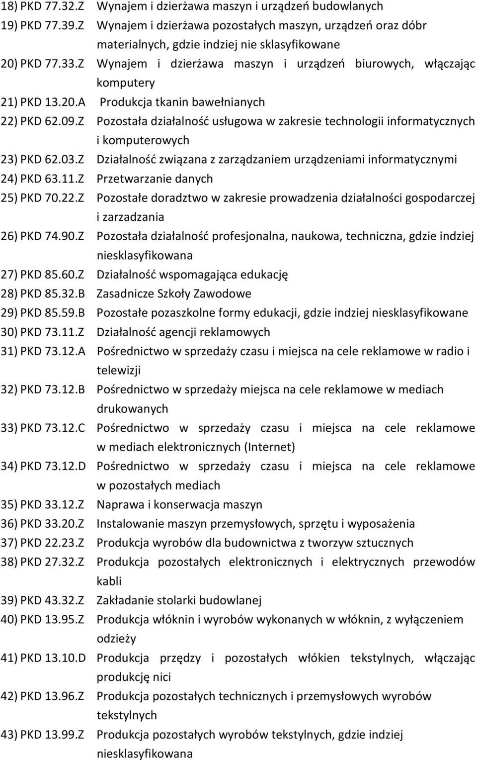 Z Pozostała działalność usługowa w zakresie technologii informatycznych i komputerowych 23) PKD 62.03.Z Działalność związana z zarządzaniem urządzeniami informatycznymi 24) PKD 63.11.