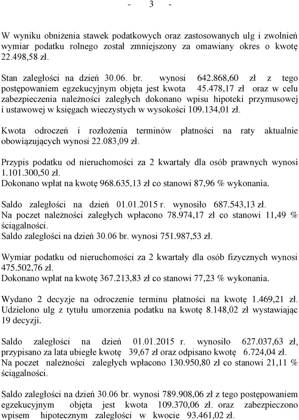 478,17 zł oraz w celu zabezpieczenia należności zaległych dokonano wpisu hipoteki przymusowej i ustawowej w księgach wieczystych w wysokości 109.134,01 zł.