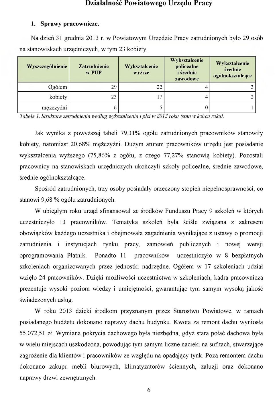 Tabela 1. Struktura zatrudnienia według wykształcenia i płci w 2013 roku (stan w końcu roku).